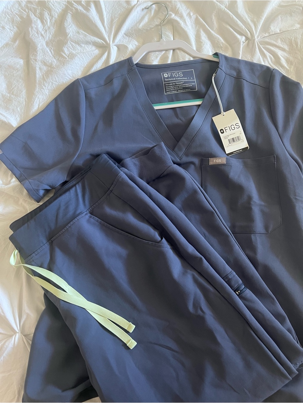 FIGS Navy Scrub Top and Jogger Pants with Mint Drawstring